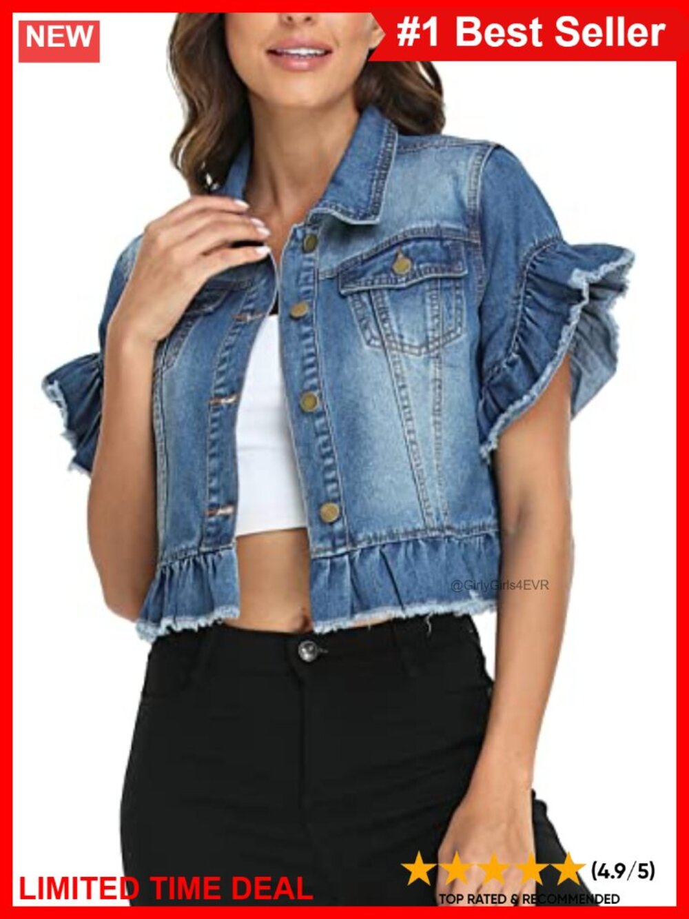 Cropped Denim Jacket Ruffle Short Sleeve Button Up Frayed Hem
